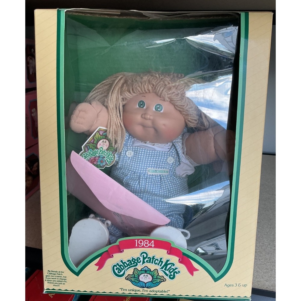 VINTAGE 1984 CABBAGE PATCH DOLL, BLONDE HAIR, GREEN EYES Nicolette Papers Box